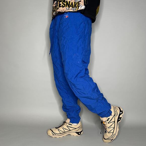 Vintage Russell Track Pants M Royal Blue Nylon Joggers has Ankle Zippers 90s - Picture 1 of 4